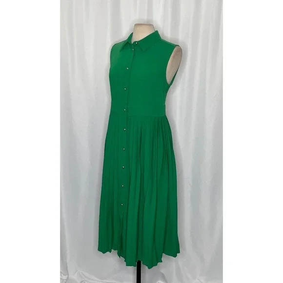 NWT!! KAREN MILLEN Soft Tailored Pleated Sleeveless Shirt Dress Solid Green US 8 - Picture 7 of 16